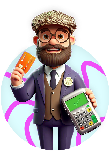 Cartoon mascot Yorkshire Bob holding a UK credit card, representing payment services