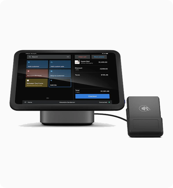 Modern EPOS system with touchscreen and contactless card reader connected