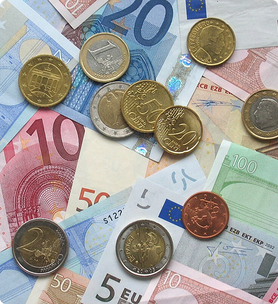 Euro banknotes and coins representing business cash flow and financing