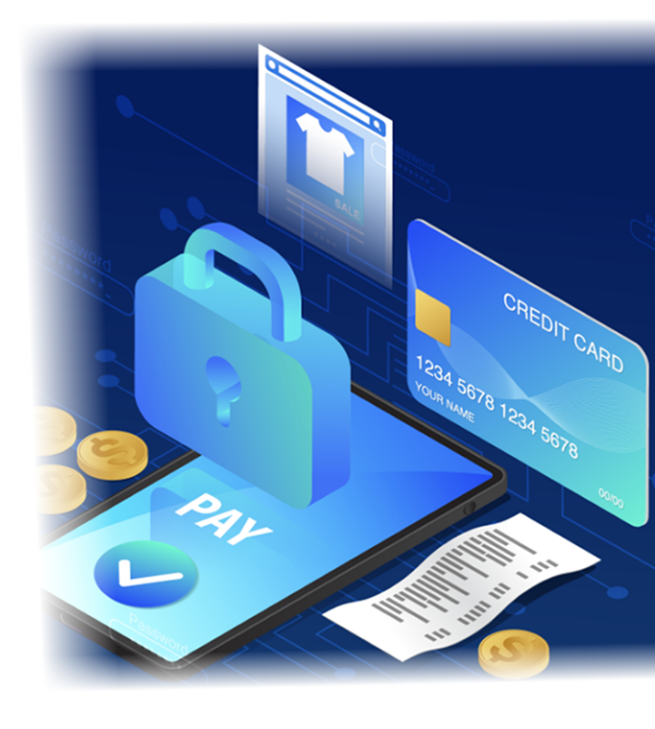 Illustration of secure online credit card payments with ecommerce and checkout icons