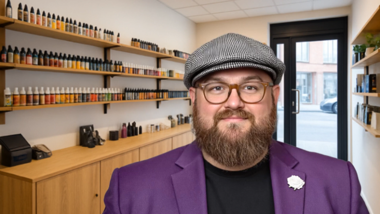 Bearded man in a flat cap and purple blazer standing in a modern vape shop with e-liquid bottles on wooden shelves