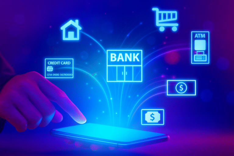 Futuristic digital banking interface with icons for credit card, ATM, home, shopping, and money, emerging from a smartphone screen.