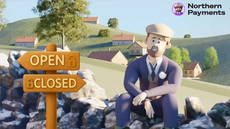Cartoon signpost showing ‘Open’ and ‘Closed’ next to a character in the countryside — comparing open vs closed ecommerce platforms and payment gateways